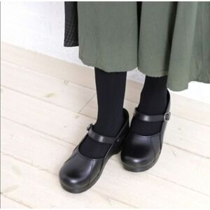 Dansko Marcelle Black Smooth Leather Mary Jane Buckle Platform Stapled Clogs 39